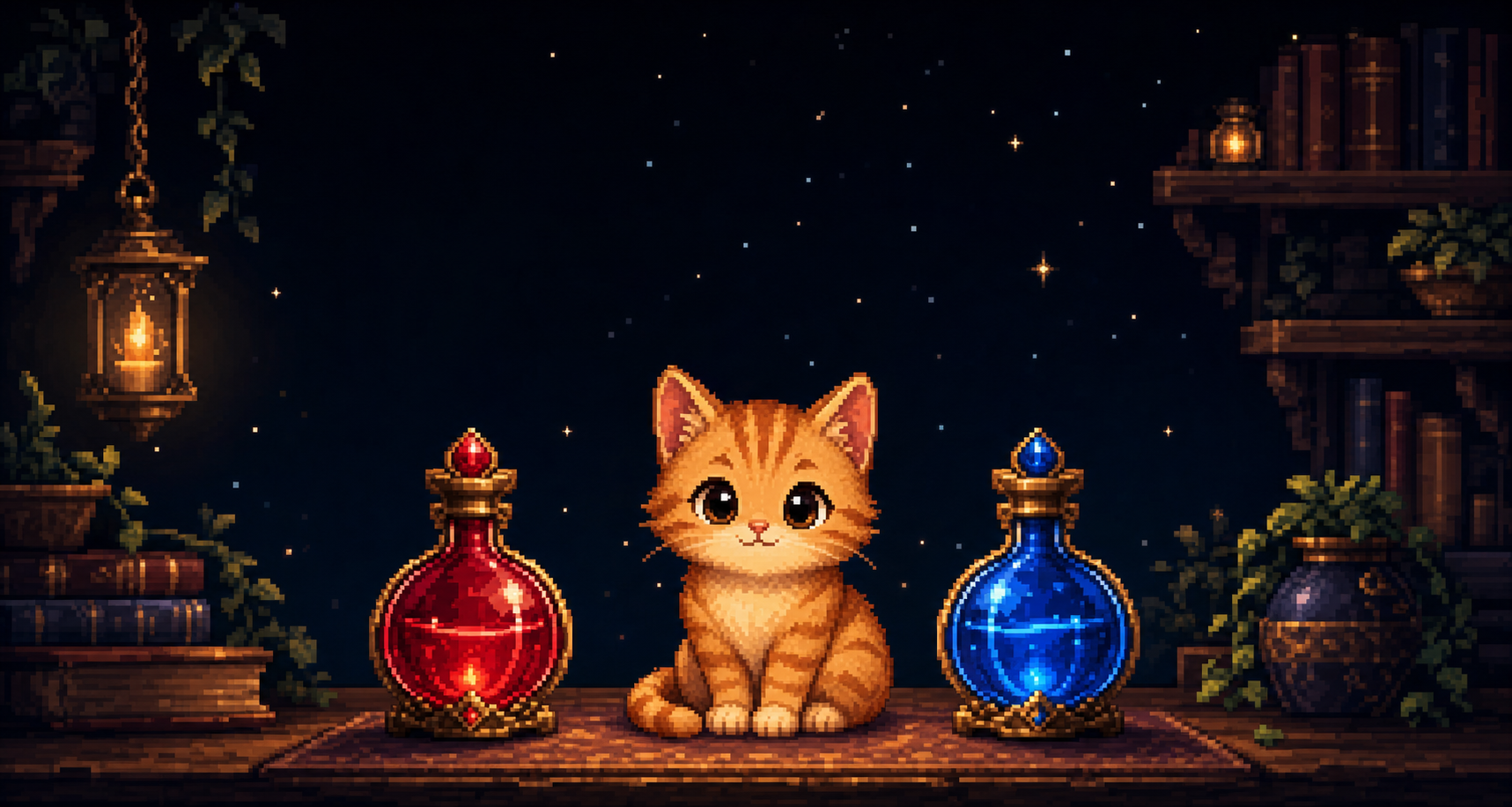 A pixel-art orange cat sitting between a red potion and a blue potion